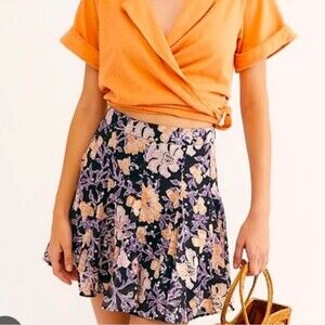 Free People Floral Godet Cotton Bohemian Mini Skirt Size 2